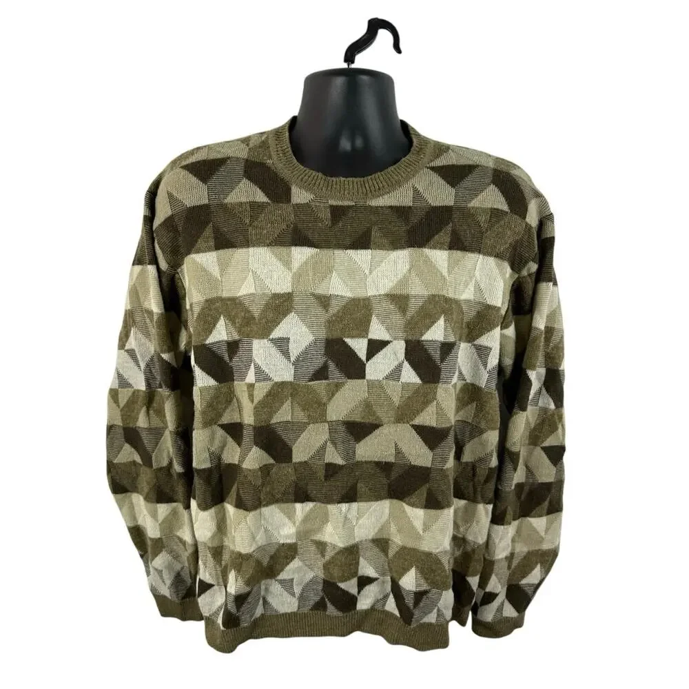 Vintage Geometric Print Wool Blend Crew Sweater Knit Brown Large Crazy Horse